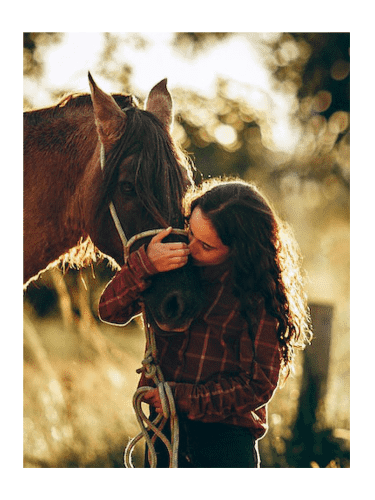 A woman embracing a horse.