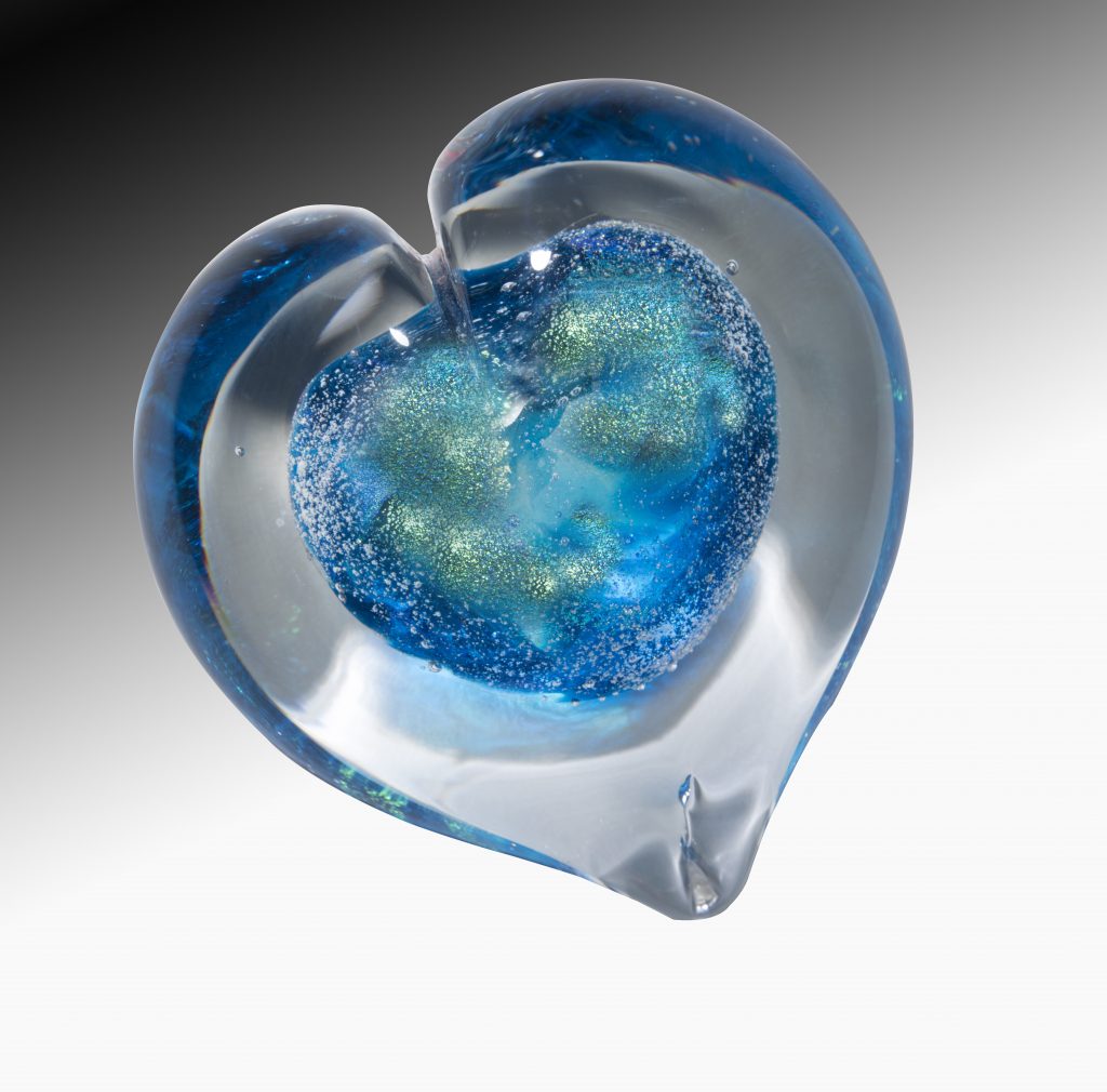 Blue glass heart urn.
